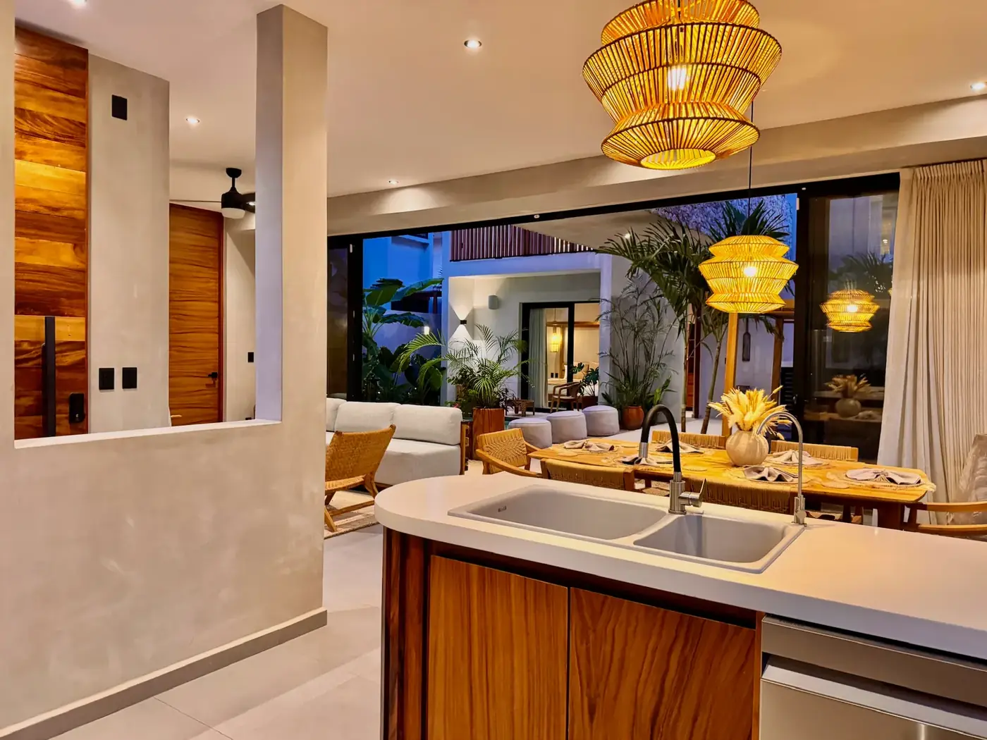 The gourmet kitchen with an island and pendant lighting