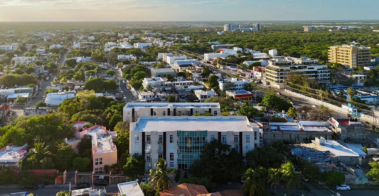 Aerial view of downtown Playa del Carmen with the Caribbean in the distance
